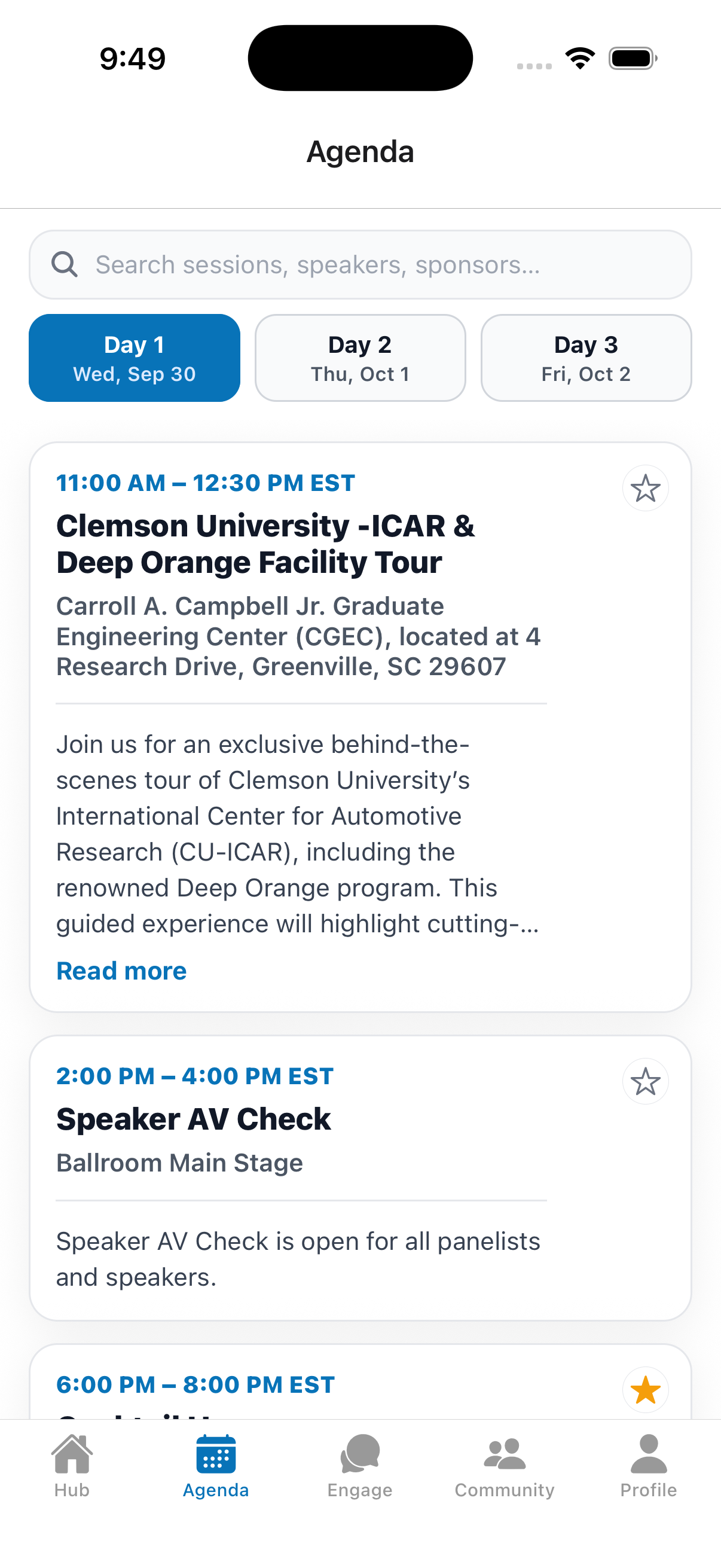 Agenda list with day selector and search.