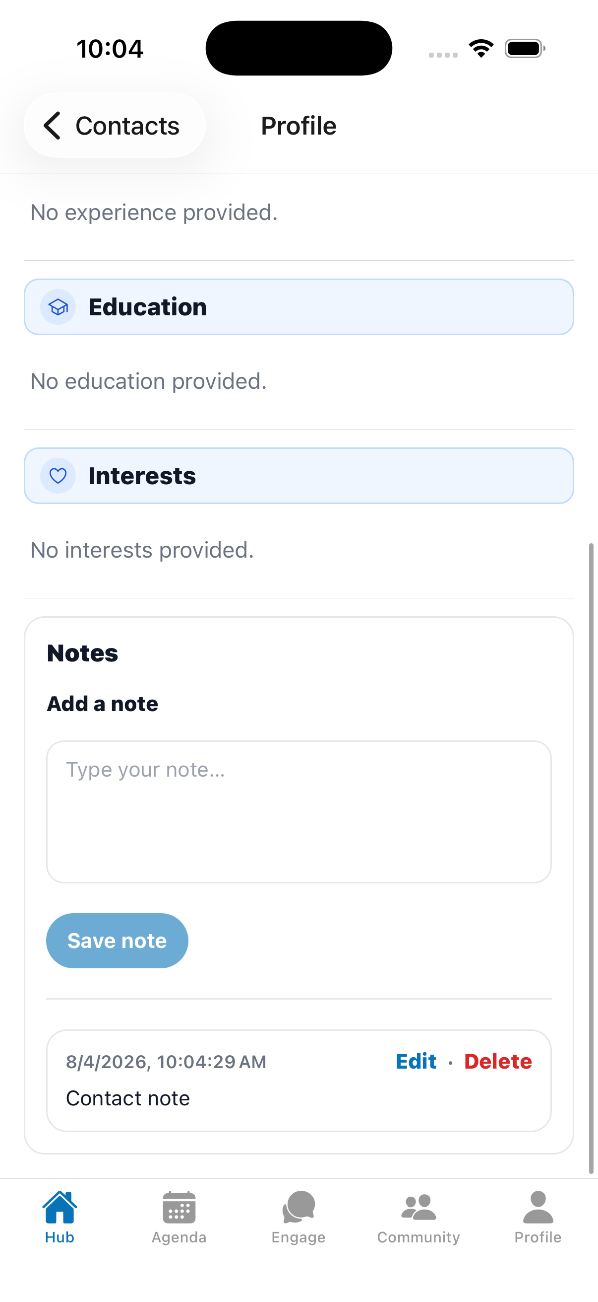 Notes section on a contact’s profile.