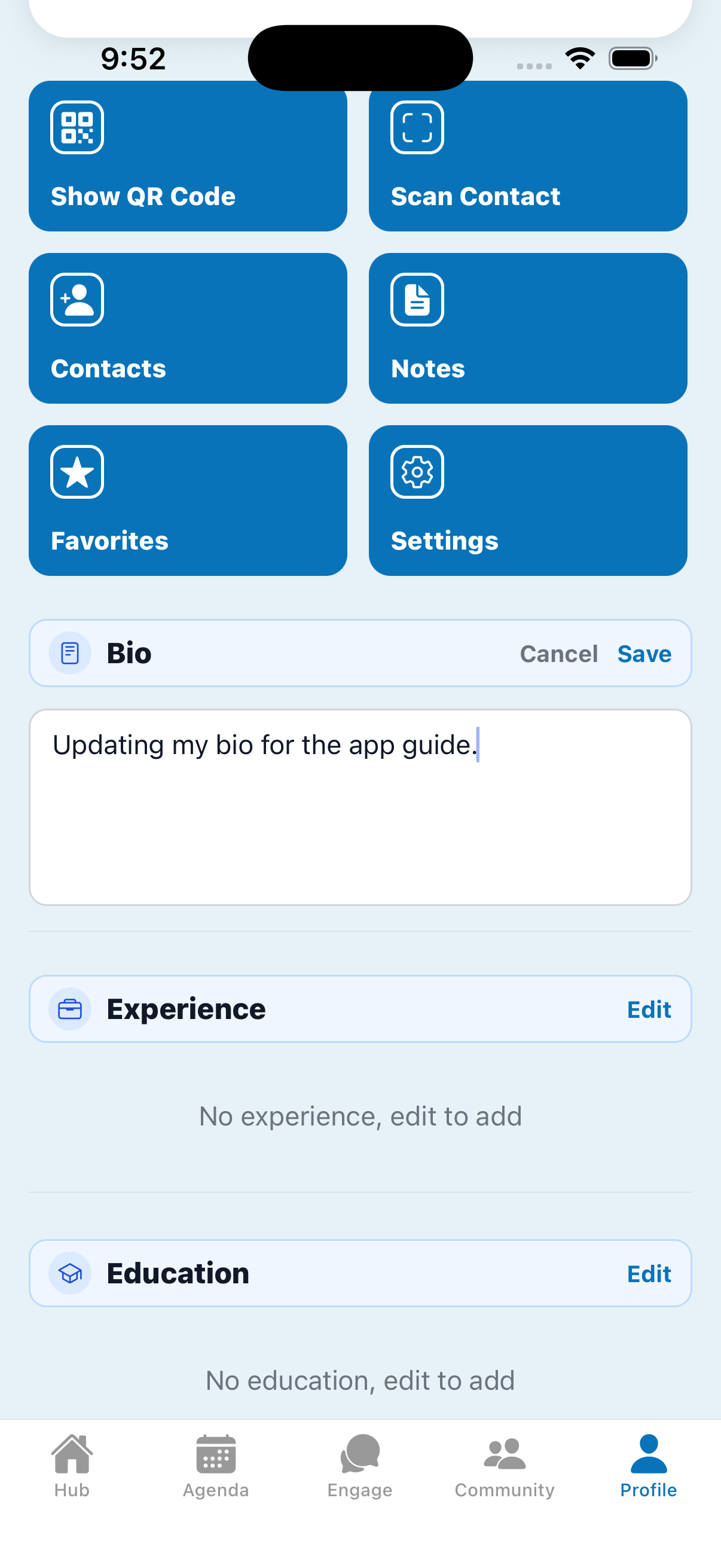 Editing the Bio field inline.