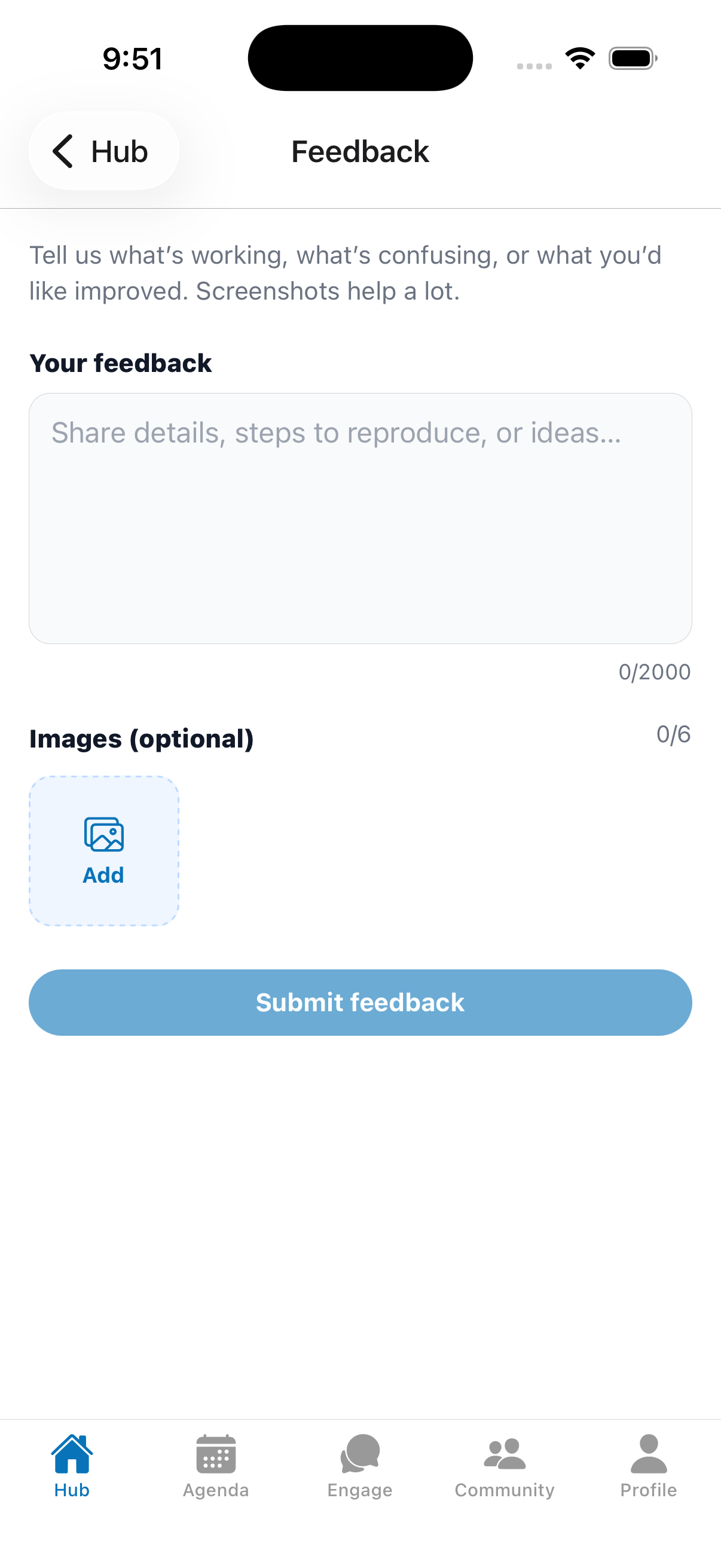 Feedback form with text box and optional images.