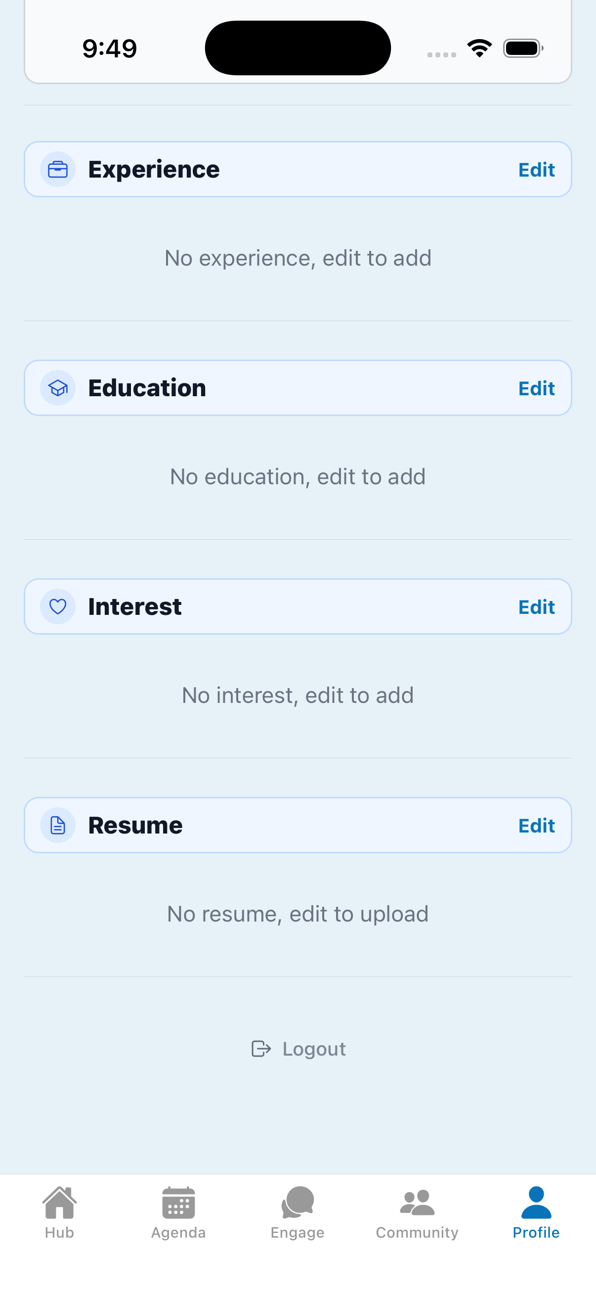 Profile screen with the Logout button at the bottom.