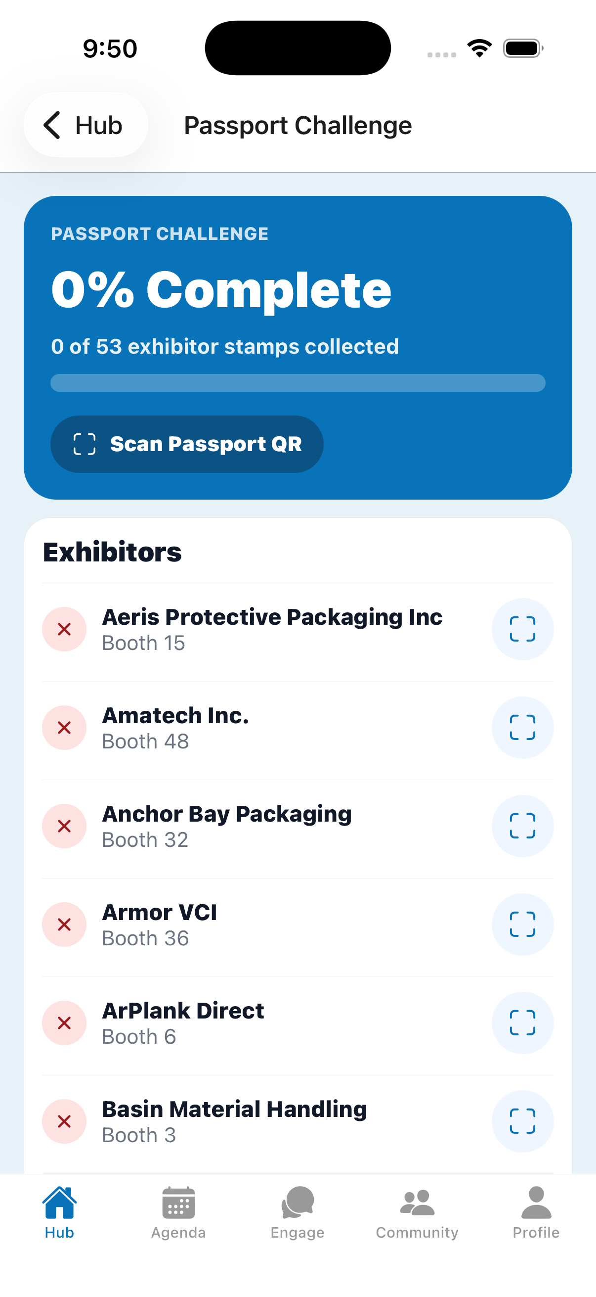 Passport screen with progress and exhibitor list.