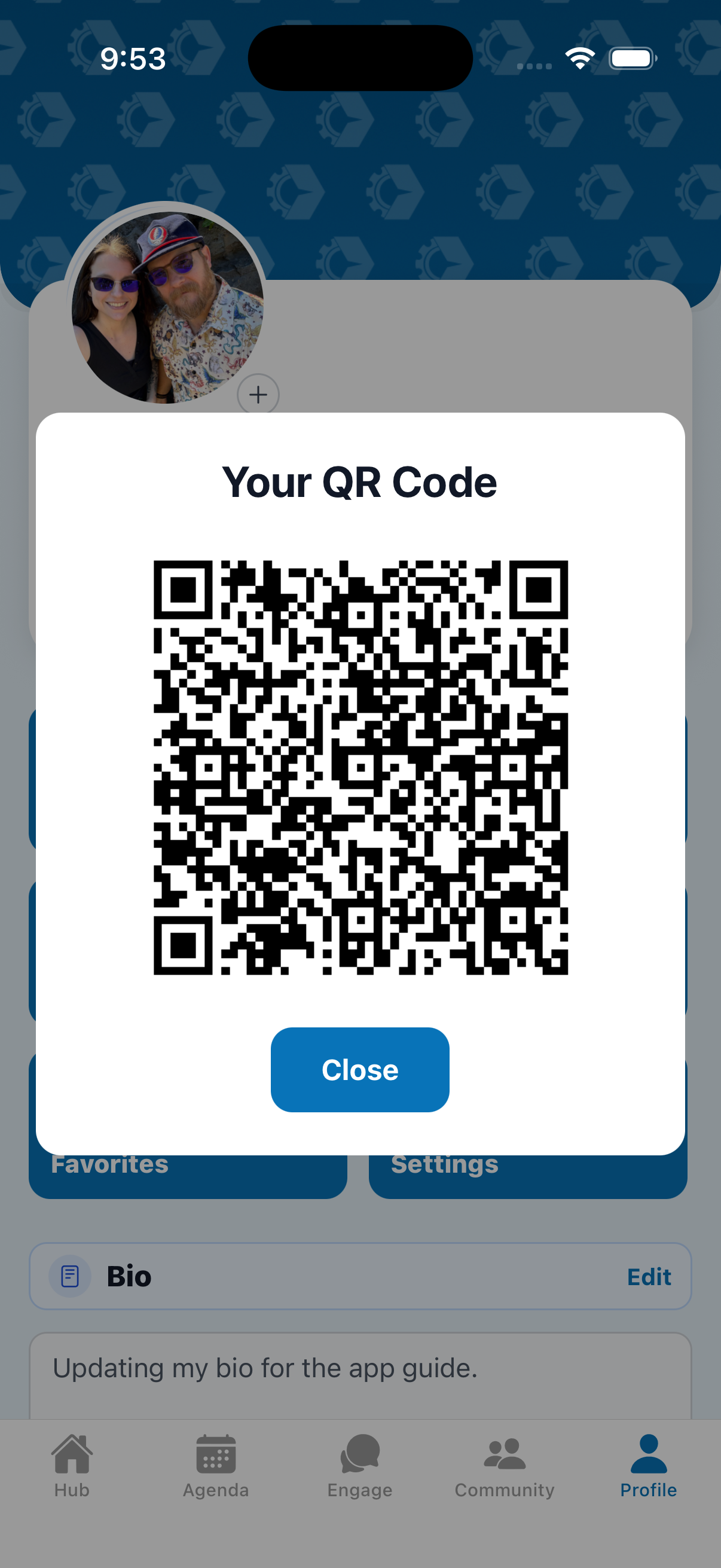 Hub header with your QR code and name.