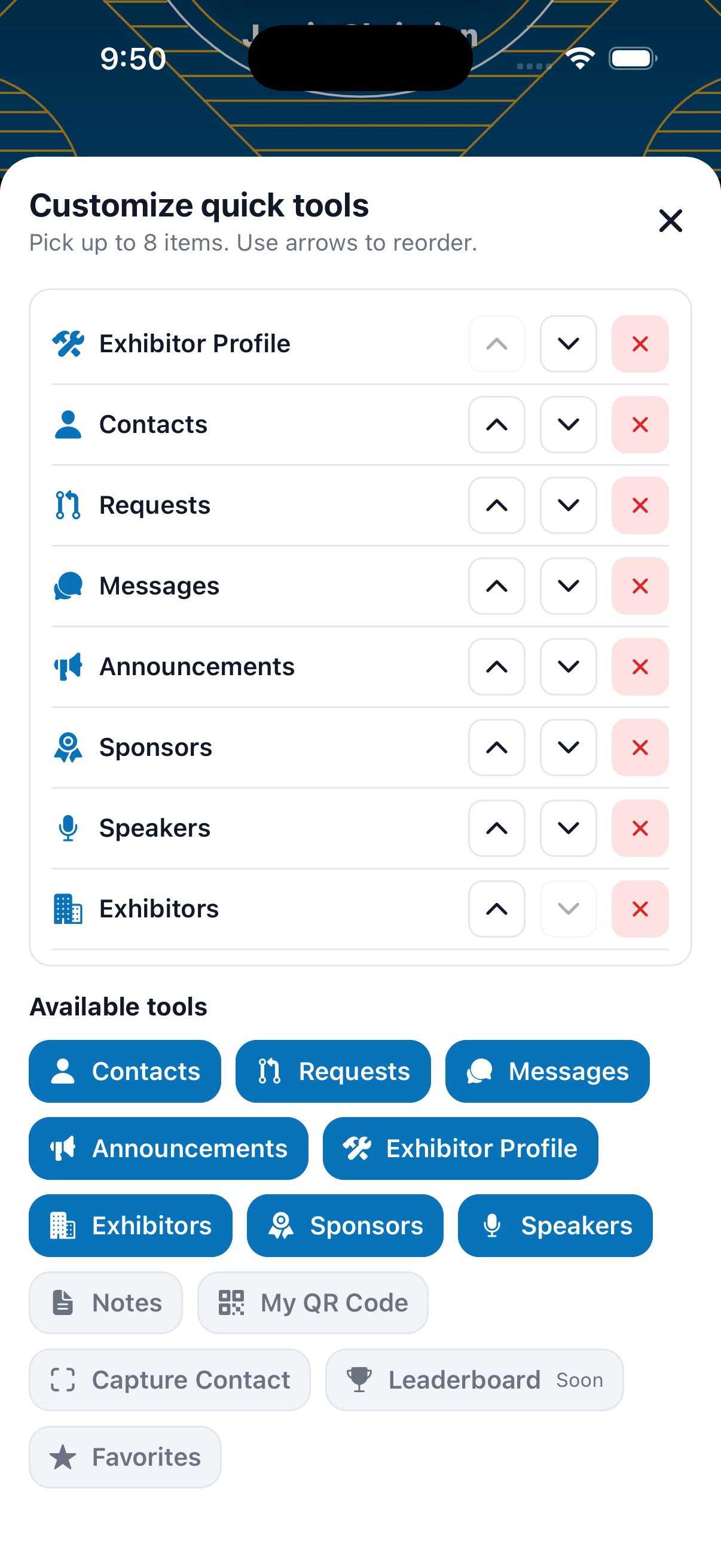 Customize quick tools panel with add/remove and reorder controls.