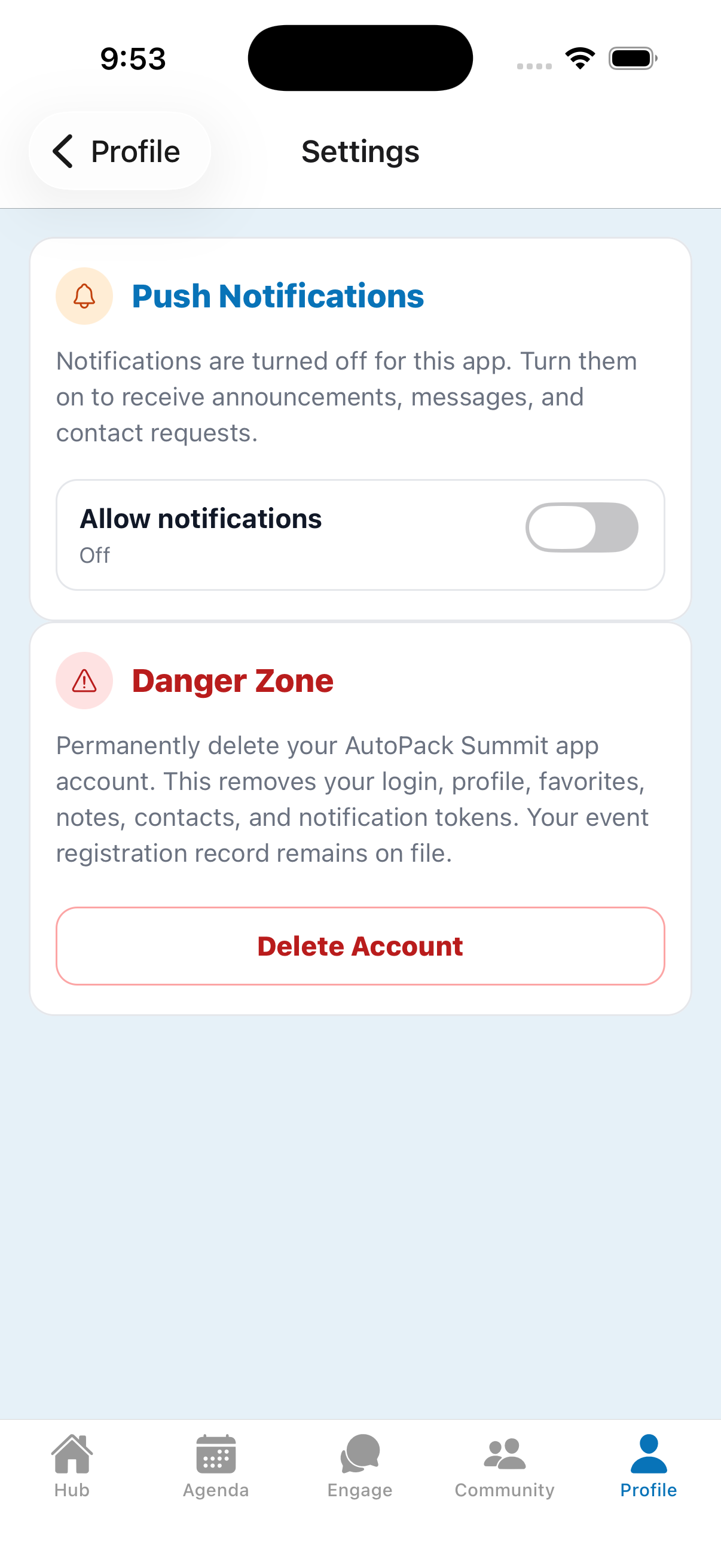 Settings screen showing the notifications toggle.