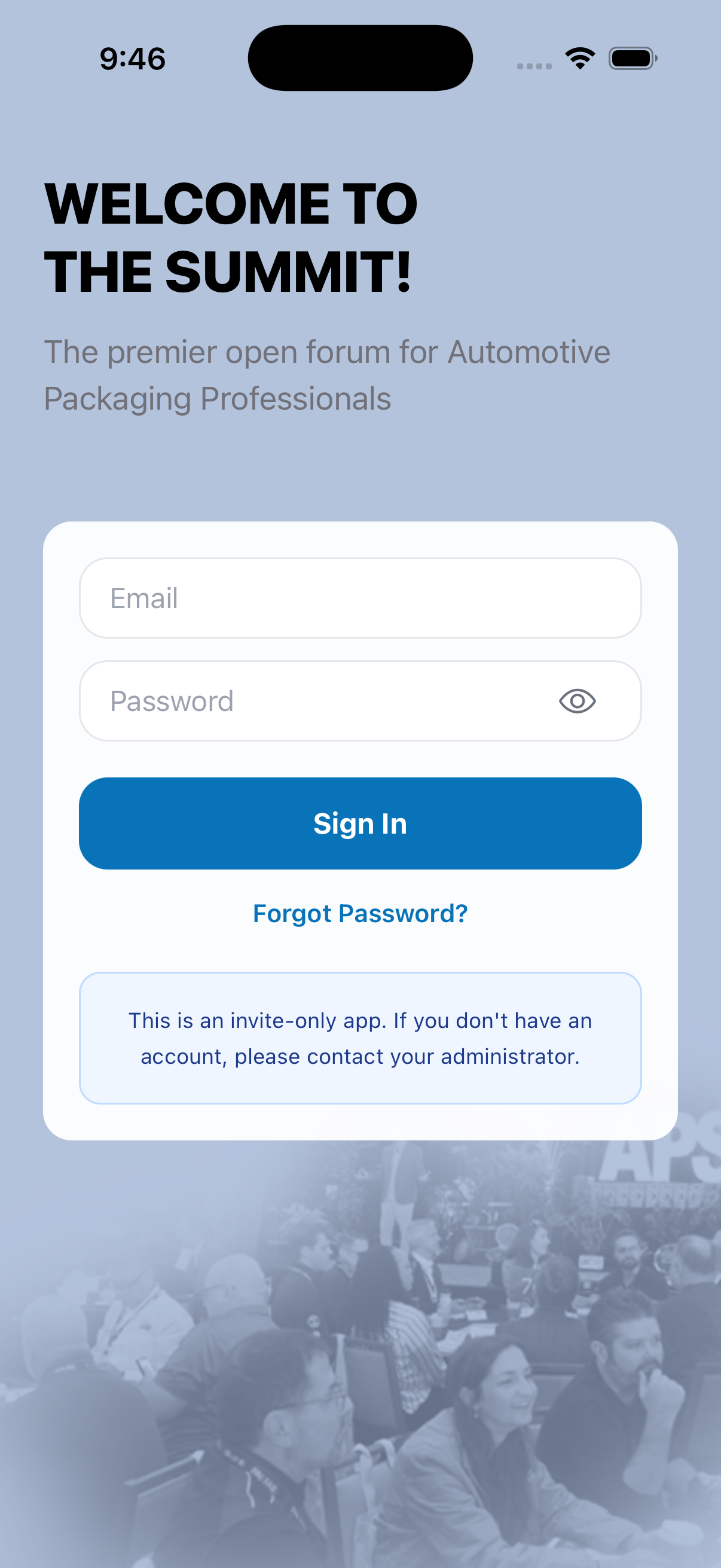 Sign-in screen with email and password fields.